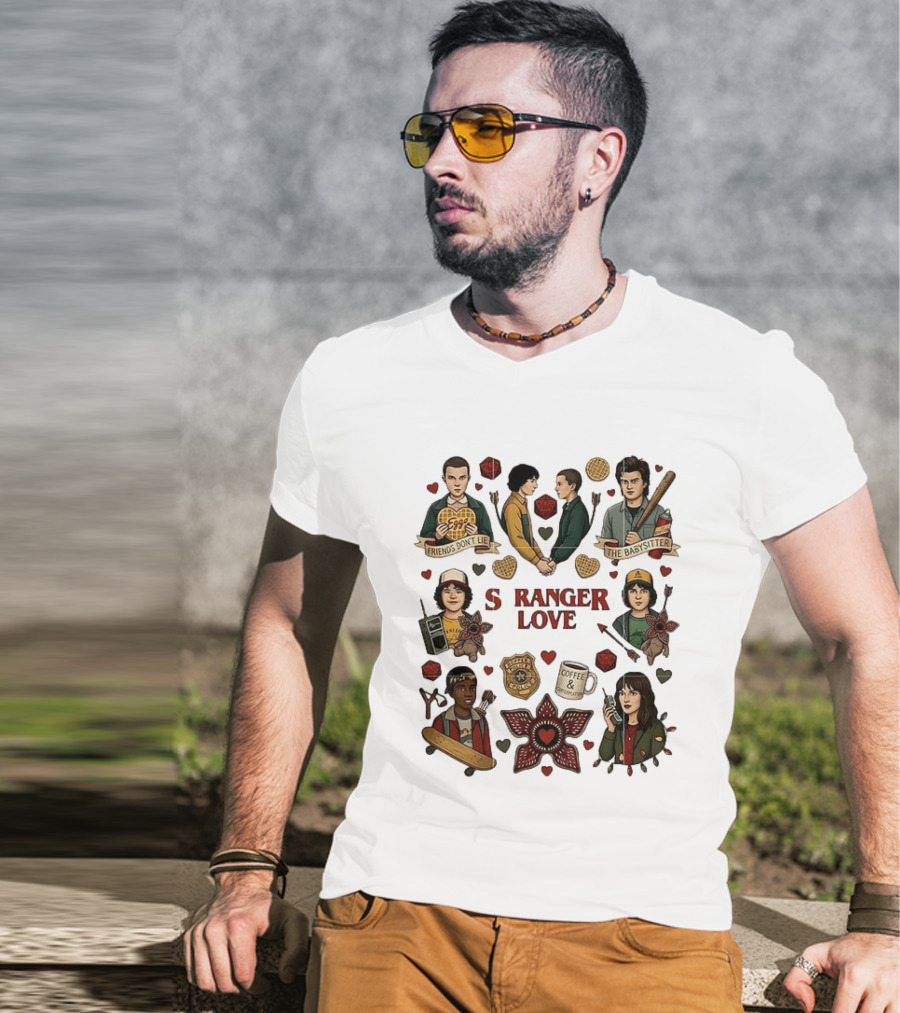 Stranger Love Friends Don't Lie Valentine's Day Babysitter Coffee Contemplation T-Shirt
