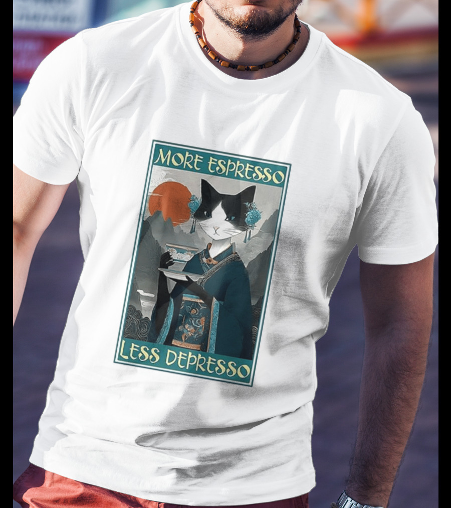 More Espresso Less Depresso Zen Barista Cat Ukiyo E T-Shirt