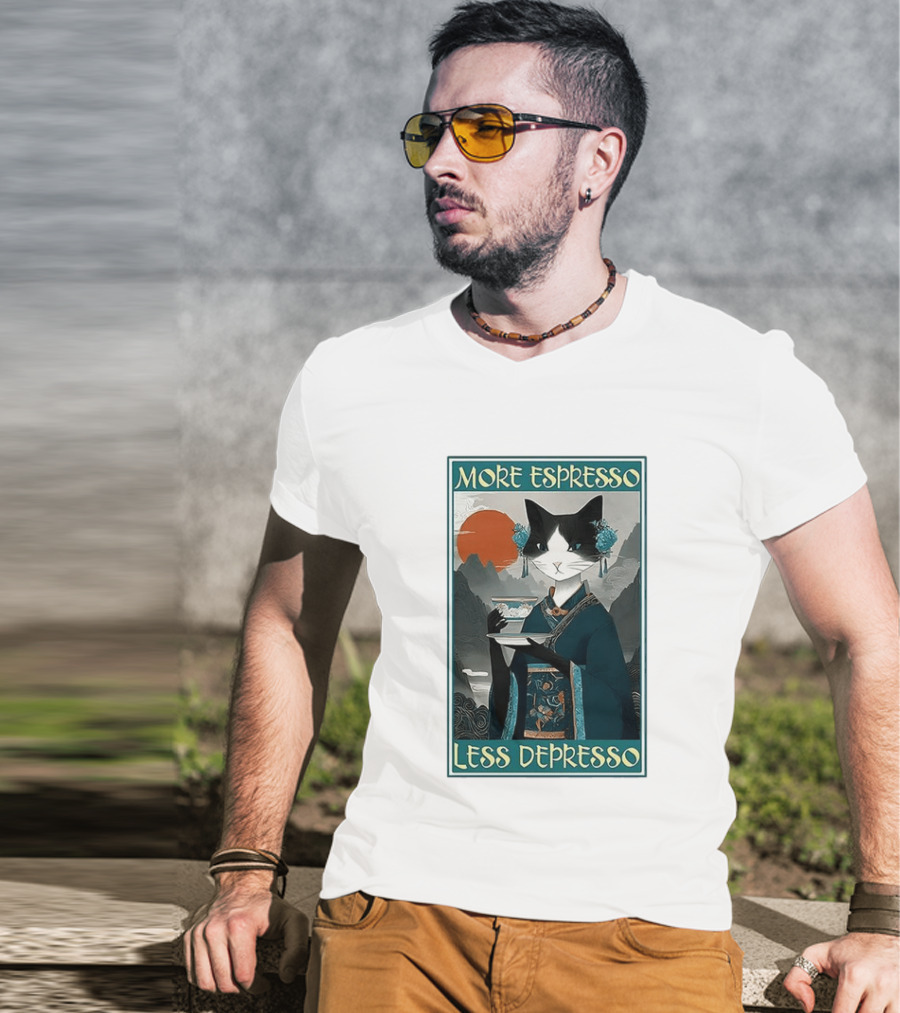 More Espresso Less Depresso Zen Barista Cat Ukiyo E T-Shirt
