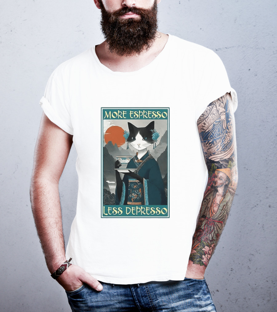 More Espresso Less Depresso Zen Barista Cat Ukiyo E T-Shirt