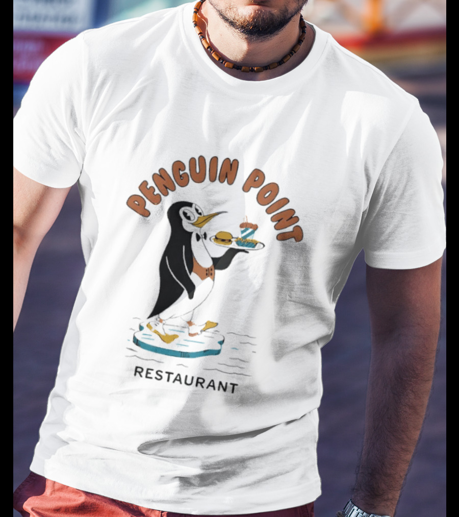 Penguin Point Restaurant Mascot Penguin With Bow Tie And Meal T-Shirt