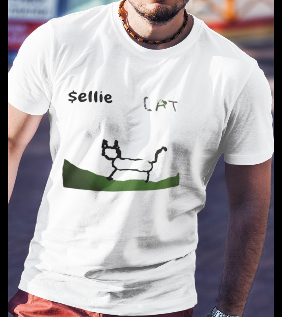 $sellie CAT Drawing Sketch With Green Ground T-Shirt