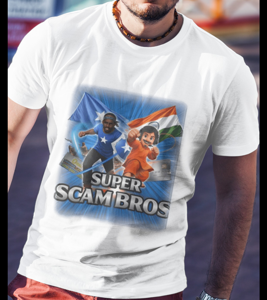 Super Scam Bros Indian Flag With Cartoon Superheroes And Credit Cards T-Shirt