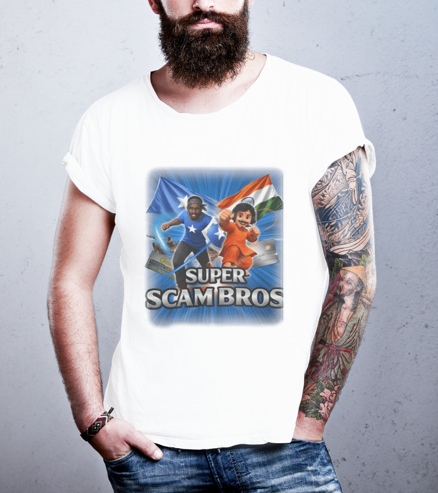 Super Scam Bros Indian Flag With Cartoon Superheroes And Credit Cards T-Shirt