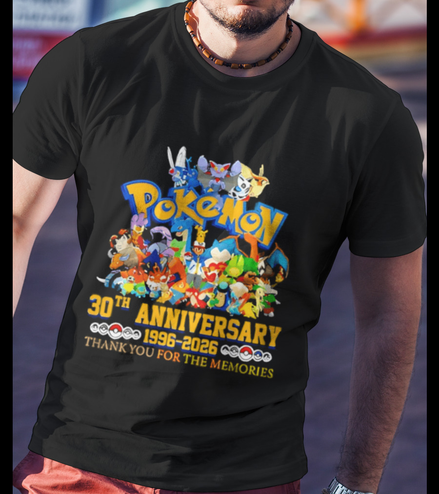 Pokémon 30th Anniversary 1996 2026 Pikachu Mewtwo Eevee Mew Dragonite Snorlax Thank You For The Memories T-Shirt