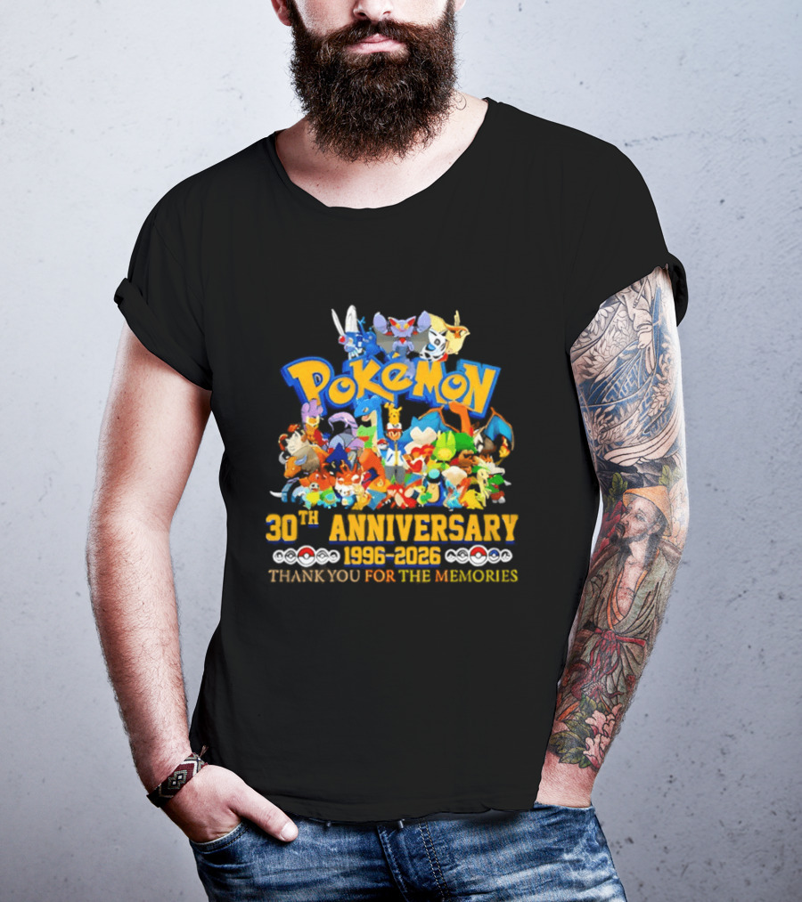 Pokémon 30th Anniversary 1996 2026 Pikachu Mewtwo Eevee Mew Dragonite Snorlax Thank You For The Memories T-Shirt