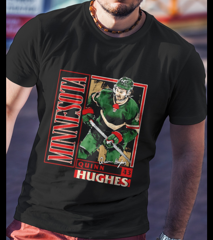 Minnesota Quinn Hughes 43 Hockey Player Art Card T-Shirt