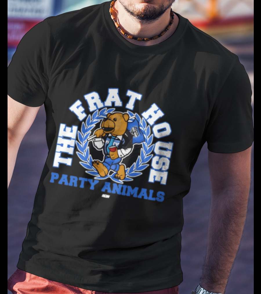 The Frat House Party Animals Beer Bear Drinking In Blue College Jacket T-Shirt