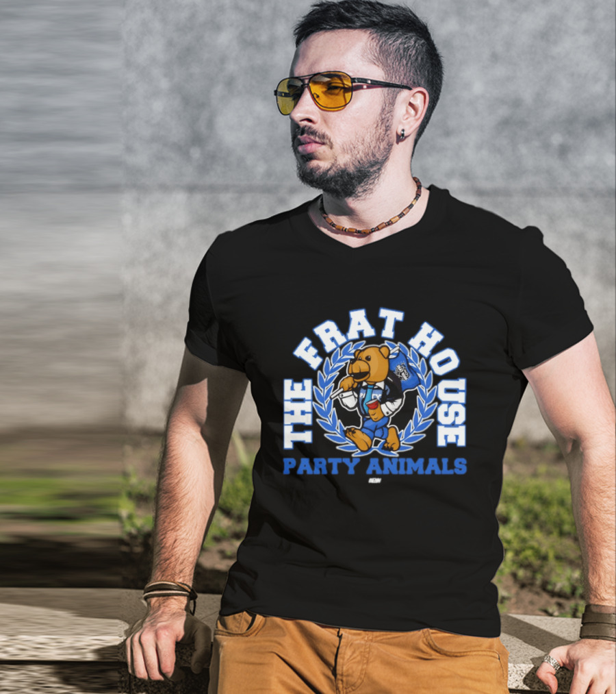 The Frat House Party Animals Beer Bear Drinking In Blue College Jacket T-Shirt