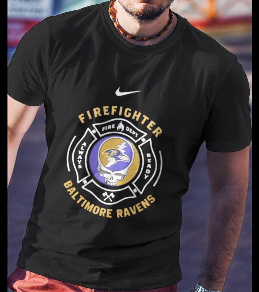 Nike Baltimore Ravens Grateful Dead Firefighter Ravens Heads SFDNY Station 26 Engine 58 T-Shirt