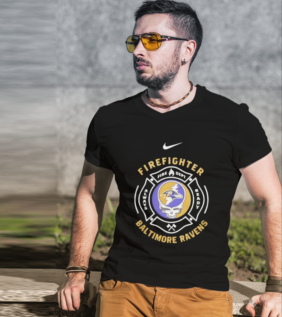 Nike Baltimore Ravens Grateful Dead Firefighter Ravens Heads SFDNY Station 26 Engine 58 T-Shirt