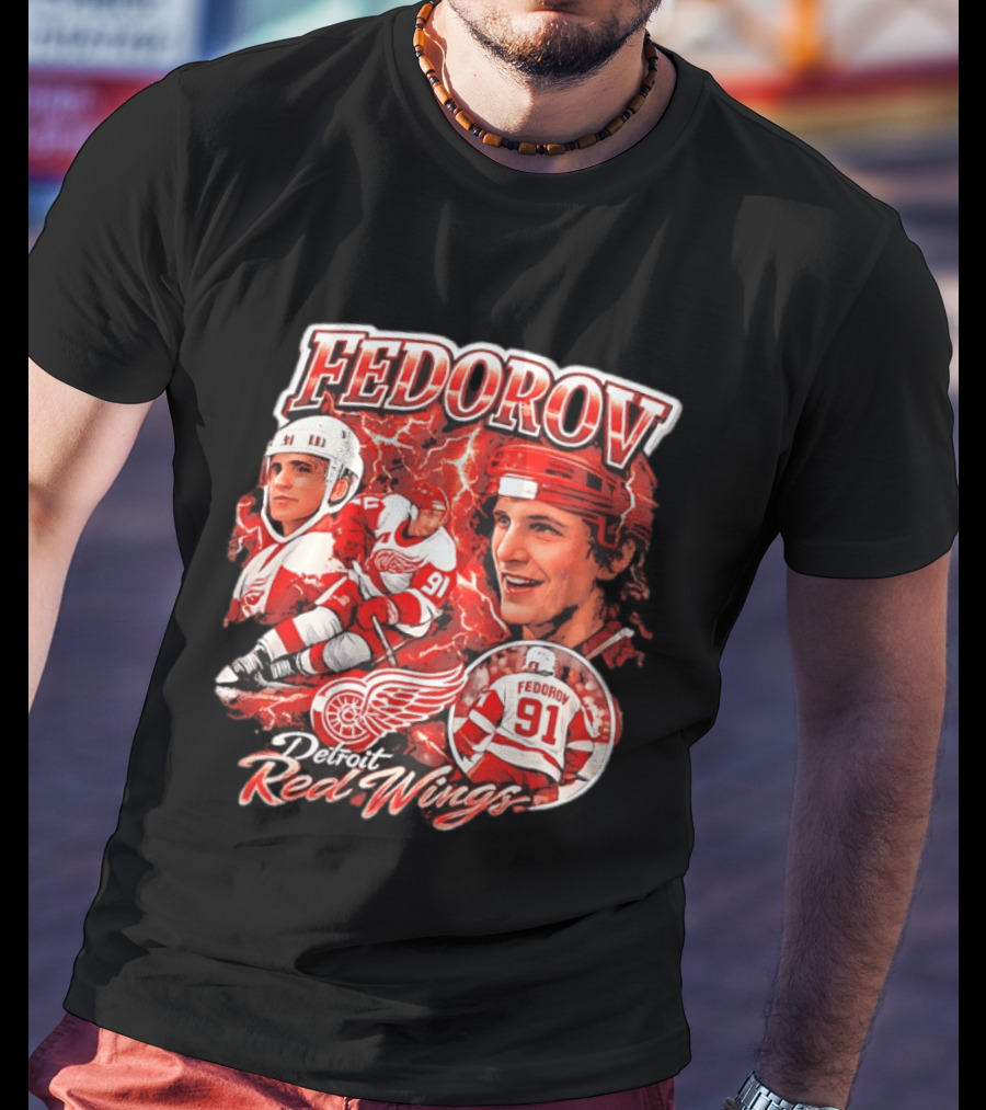 Fedorov 91 Detroit Red Wings Vintage Hockey Hero T-Shirt