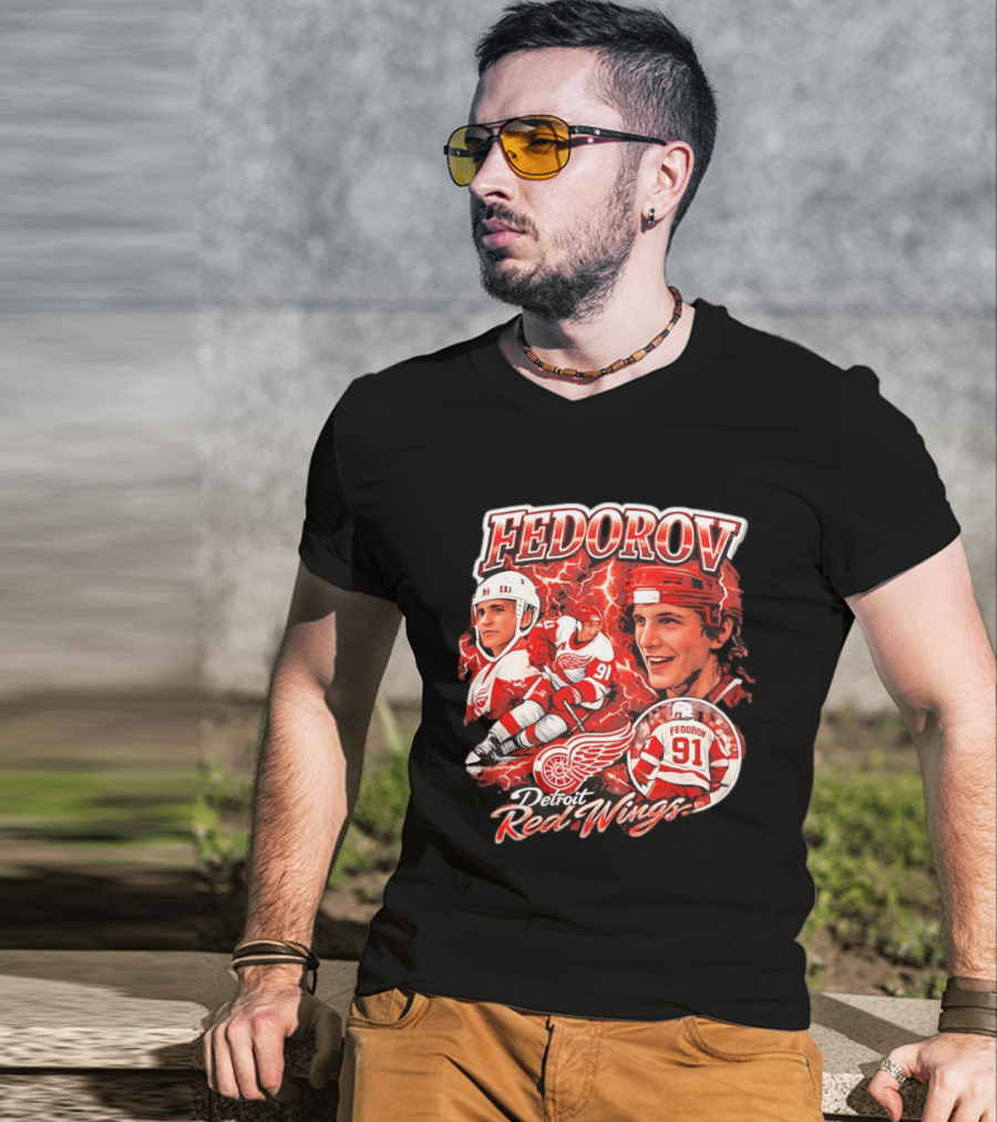 Fedorov 91 Detroit Red Wings Vintage Hockey Hero T-Shirt