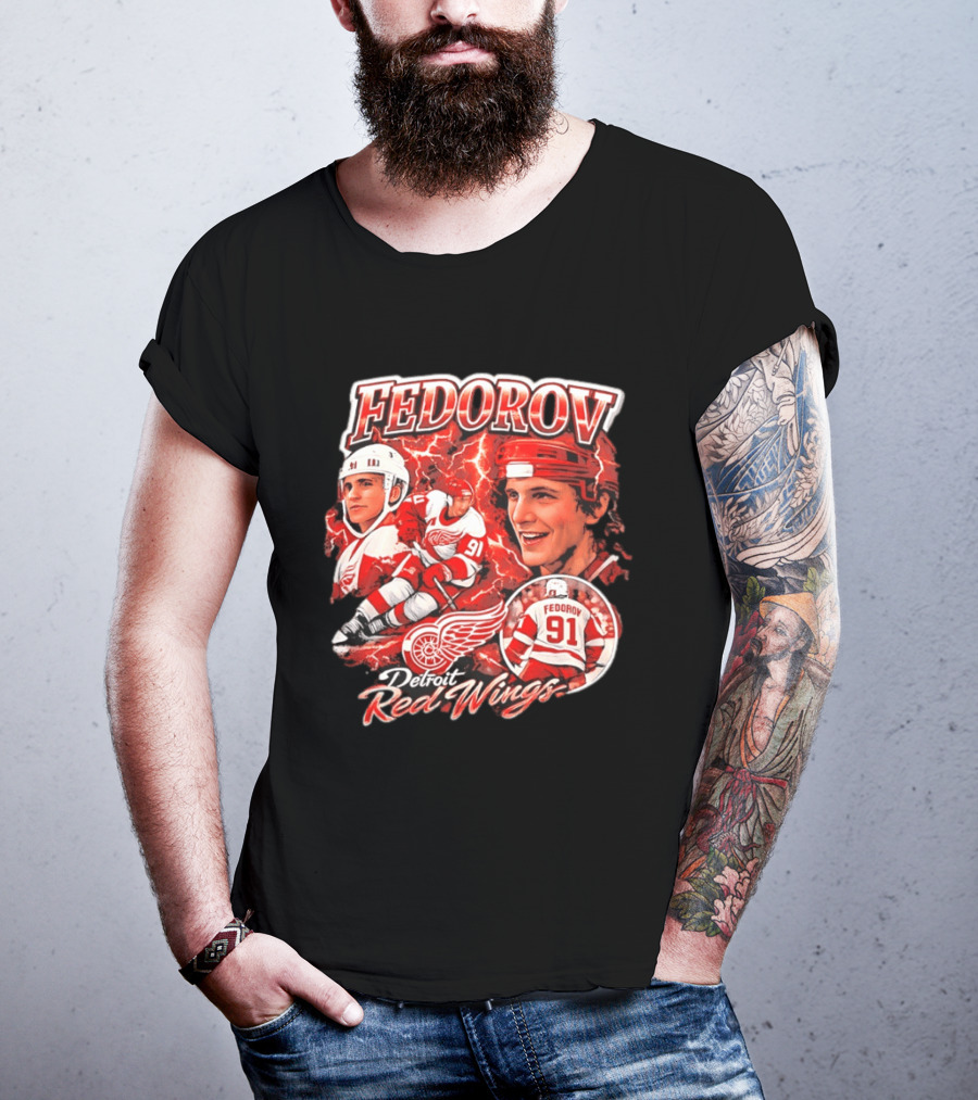 Fedorov 91 Detroit Red Wings Vintage Hockey Hero T-Shirt