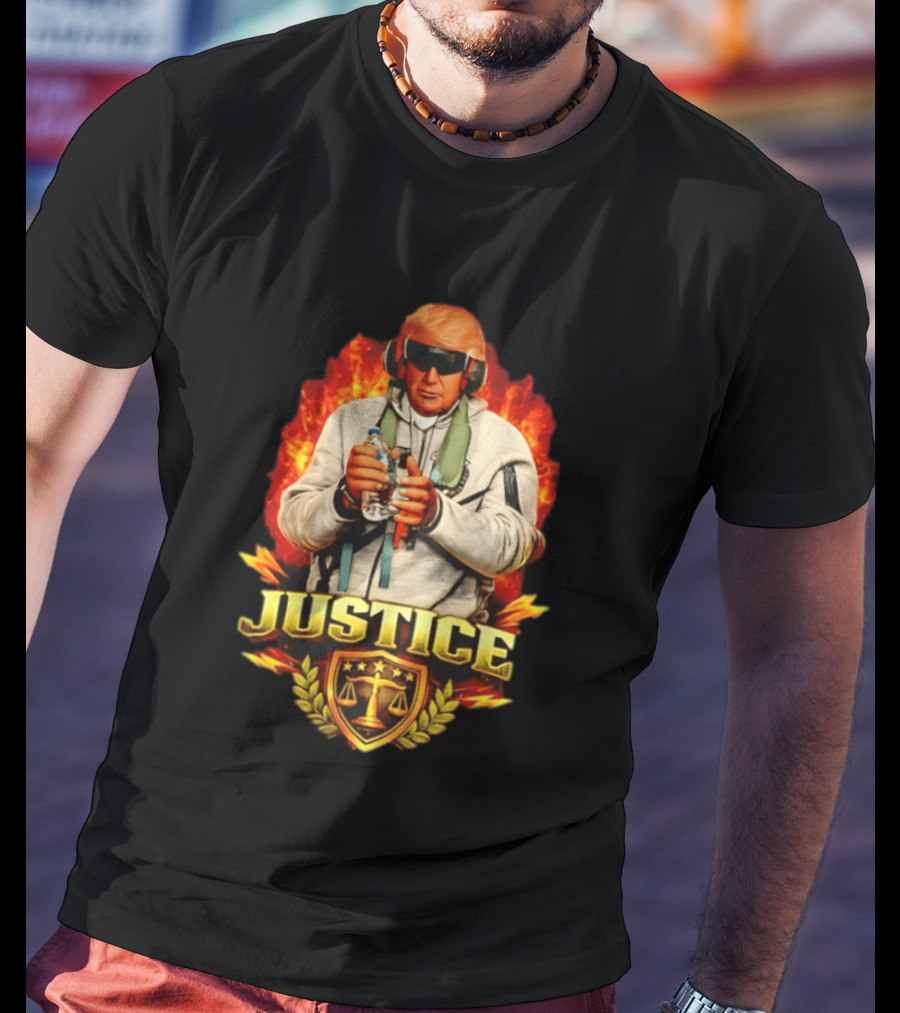 Justice Trump Flaming Background Holding Water Scales Of Justice T-Shirt