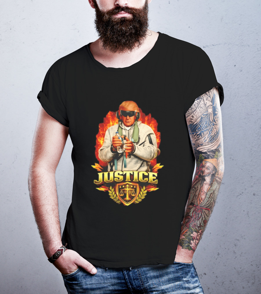 Justice Trump Flaming Background Holding Water Scales Of Justice T-Shirt