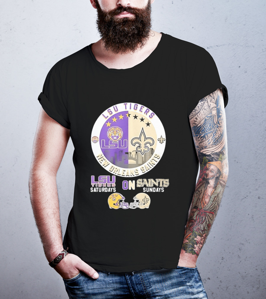LSU Tigers Saturdays New Orleans Saints Sundays Mashup Helmet T-Shirt