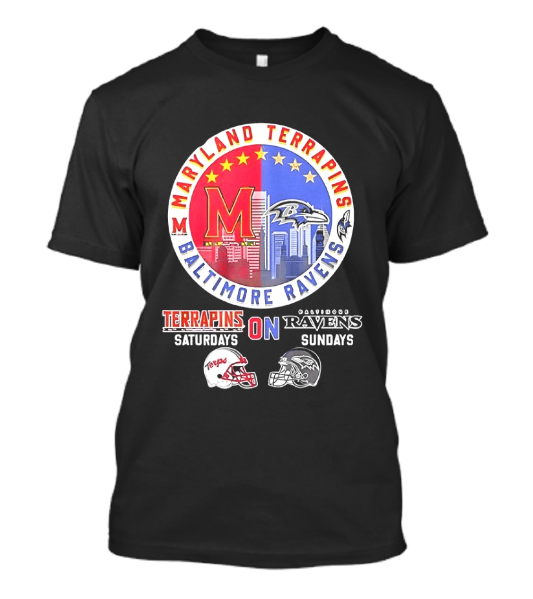 Maryland Terrapins Saturdays Baltimore Ravens Sundays Mashup Helmet T-Shirt