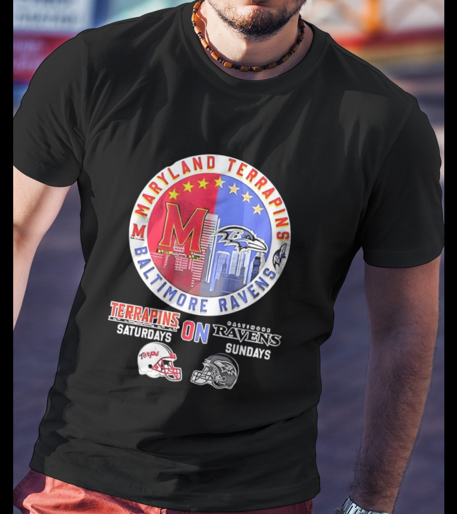 Maryland Terrapins Saturdays Baltimore Ravens Sundays Mashup Helmet T-Shirt