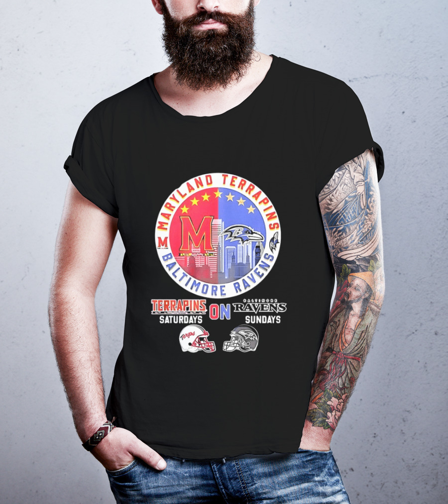 Maryland Terrapins Saturdays Baltimore Ravens Sundays Mashup Helmet T-Shirt