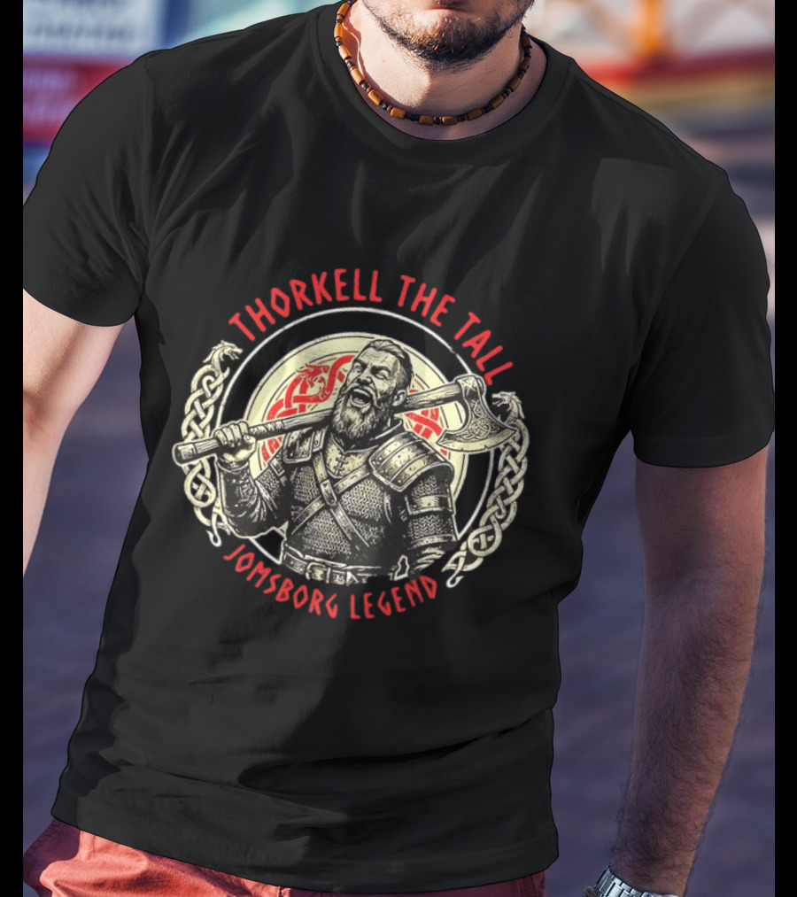 Thorkell The Tall Jomsborg Legend Norse Mythology Viking Warrior With Axe And Celtic Knotwork T-Shirt