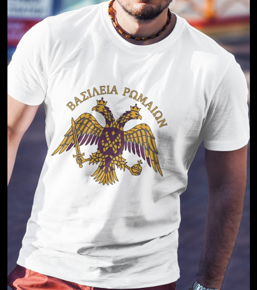 ΒΑΣΙΛΕΙΑ ΡΩΜΑΙΩΝ Byzantine Double Headed Eagle Symbol Greek Orthodox Heritage T-Shirt