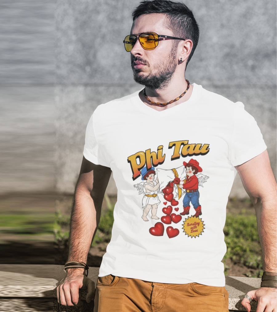 Phi Tau Valentine's Cupid And Cowboy Bursting With Love Hearts T-Shirt