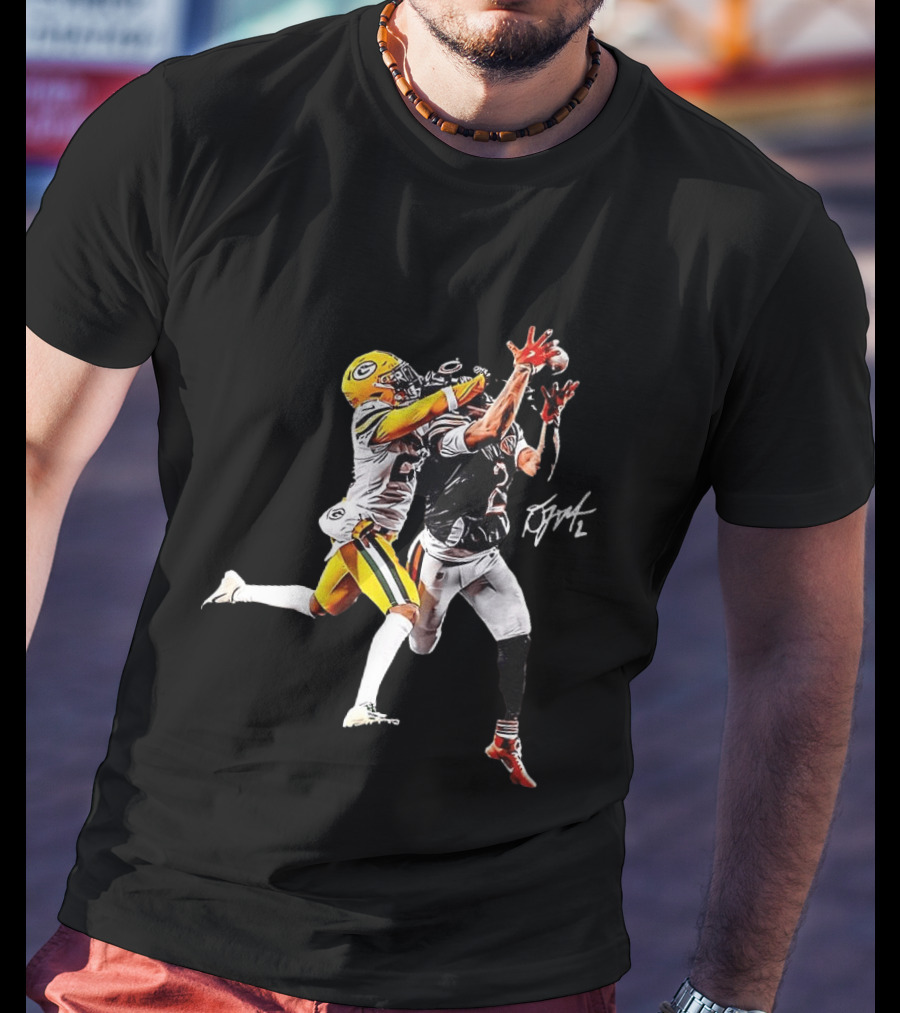 Caleb Williams Carrington Valentine Green Bay Football Action T-Shirt