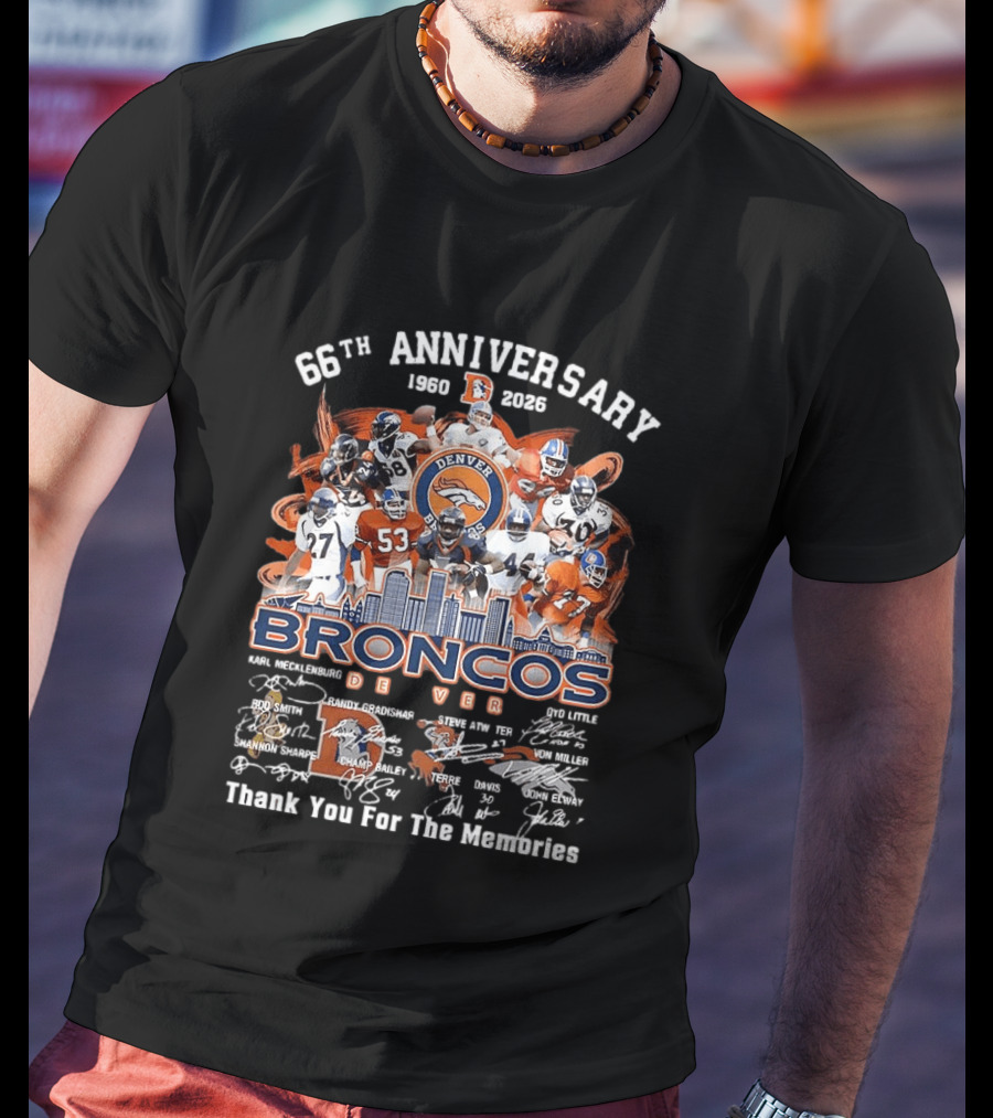 Denver Broncos 66th Anniversary 1959 2023 Thank You For The Memories Skyline Players T-Shirt