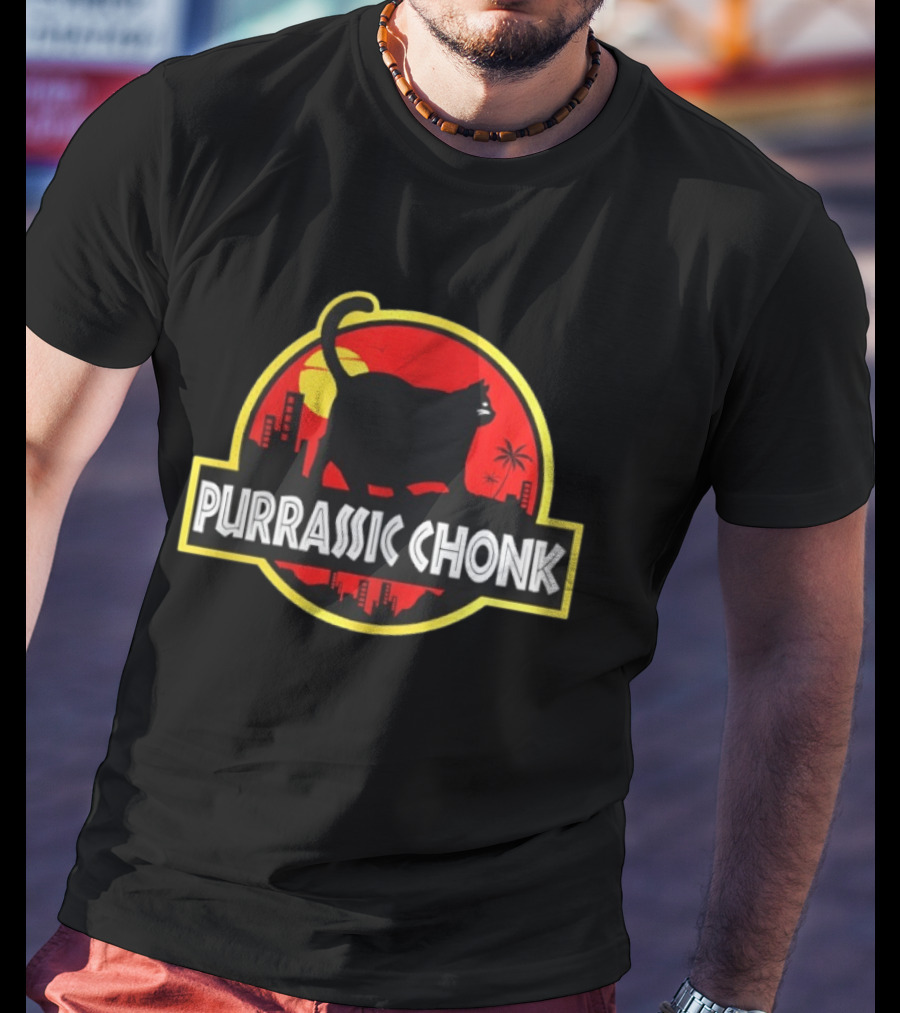 Purrassic Chonk Jurassic Cat Parody With Cat Silhouette On Red Sun T-Shirt