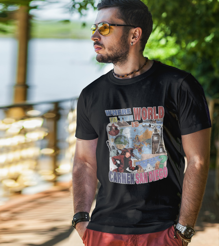 Where In The World Is Carmen Sandiego Map And Landmarks Collage T-Shirt