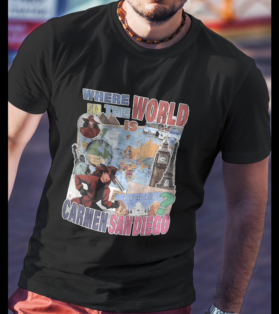 Where In The World Is Carmen Sandiego Map And Landmarks Collage T-Shirt