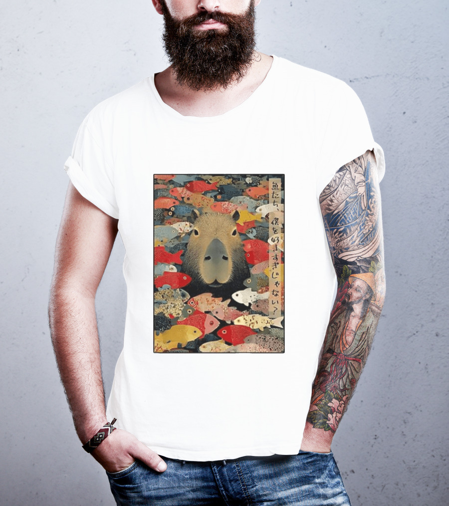 Am I Too Lovable Capybara Surrounded By Colorful Koi Fish T-Shirt