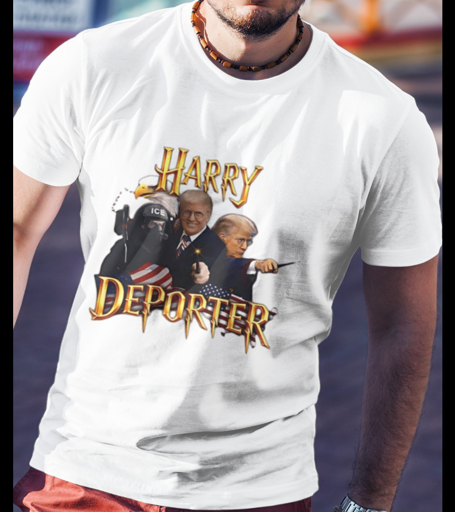 Harry Deporter Trump ICE Caricature American Flag Wand And Eagle T-Shirt