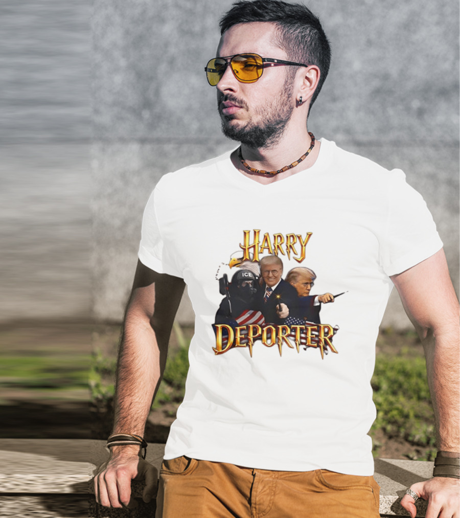 Harry Deporter Trump ICE Caricature American Flag Wand And Eagle T-Shirt