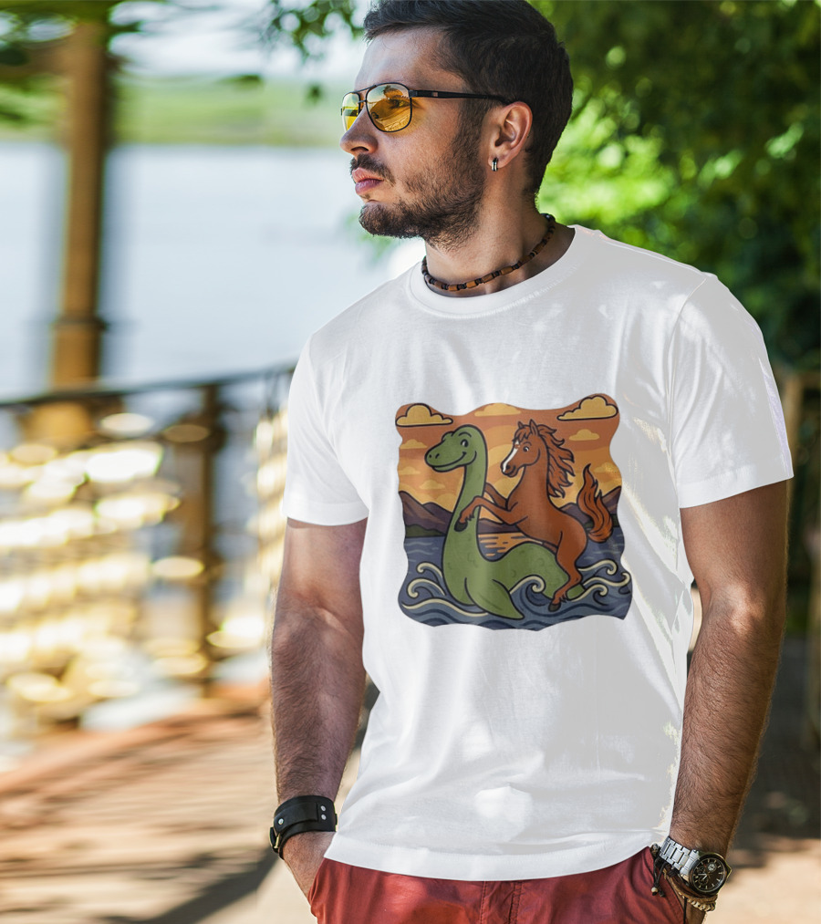 Playful Horse Riding Loch Ness Monster At Sunset Scene T-Shirt