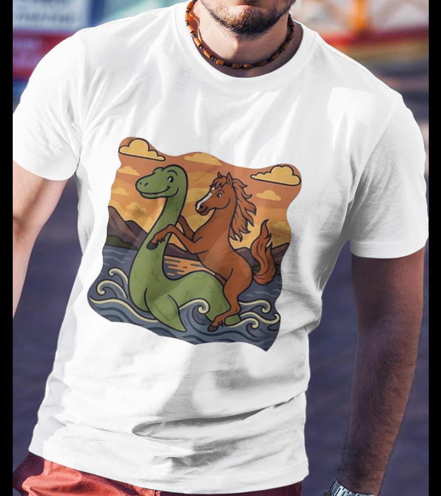 Playful Horse Riding Loch Ness Monster At Sunset Scene T-Shirt