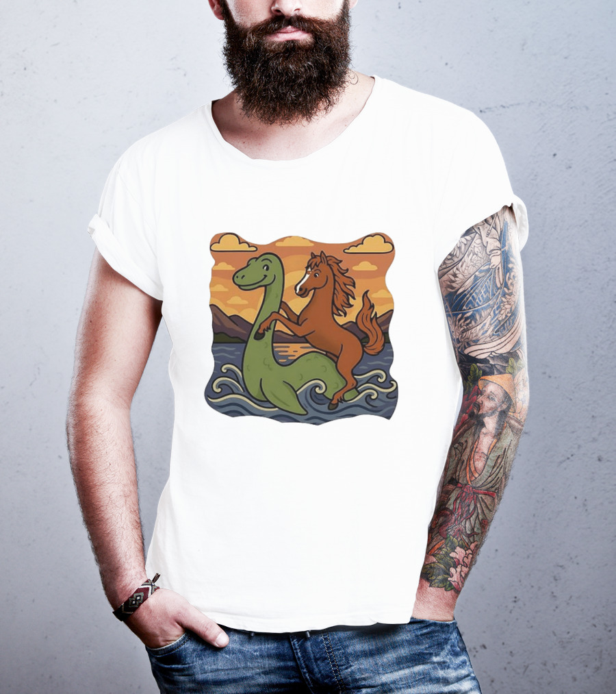 Playful Horse Riding Loch Ness Monster At Sunset Scene T-Shirt