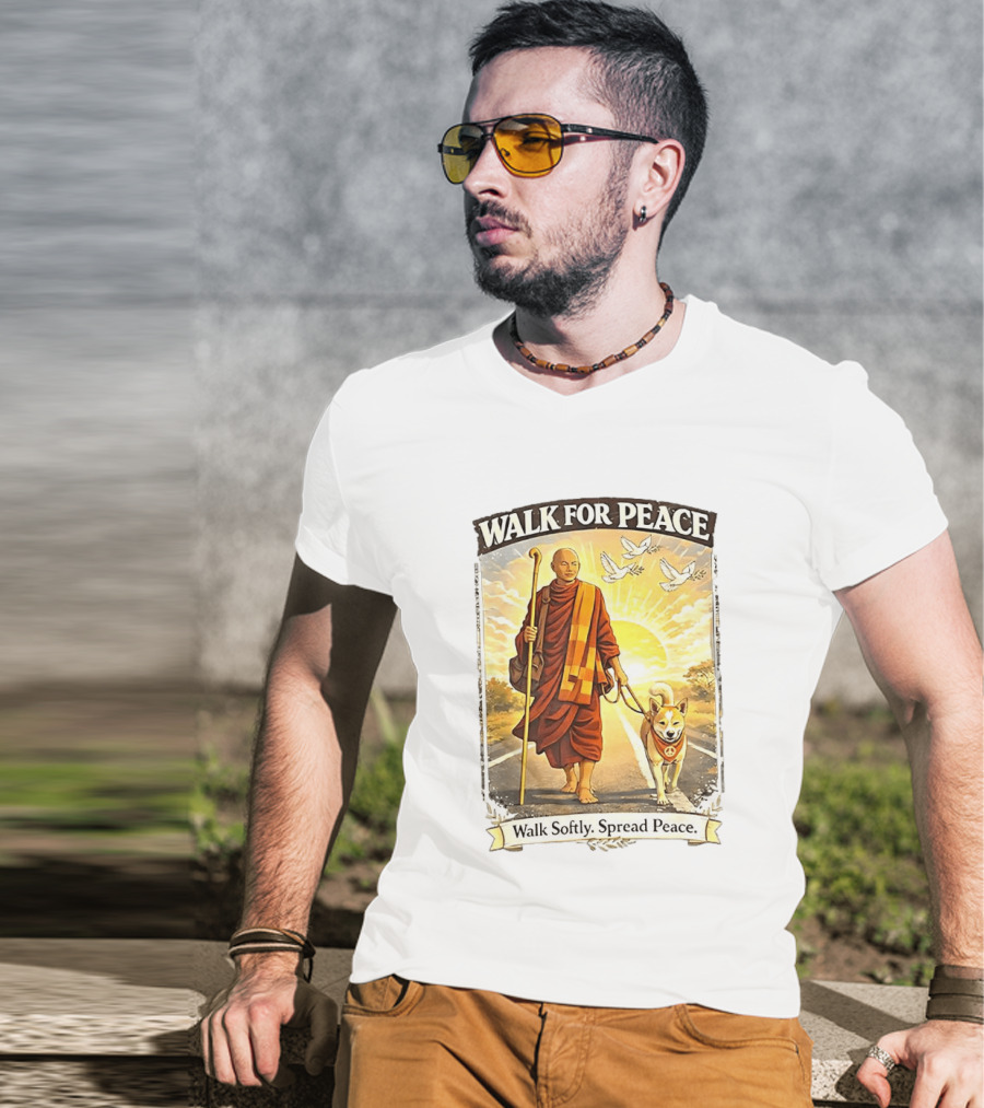 Walk For Peace Walk Softly Spread Peace Monks And Aloka The Peace Dog Doves Sun T-Shirt