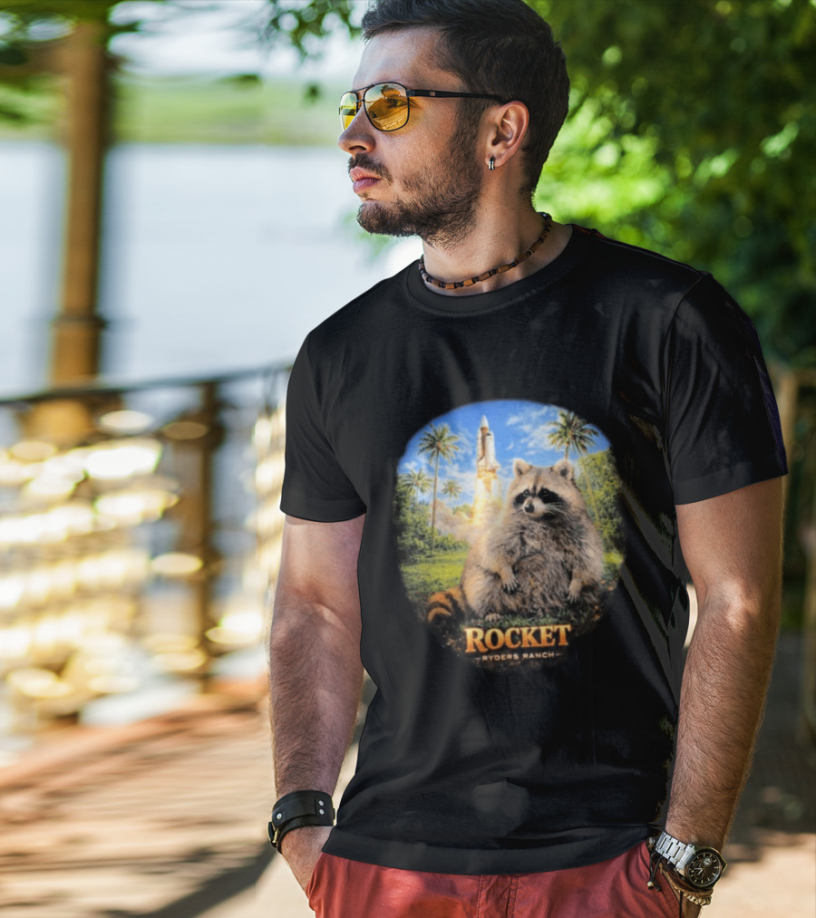 Rocket Raccoon Space Launch Tylernolantattoos Ryders Ranch T-Shirt