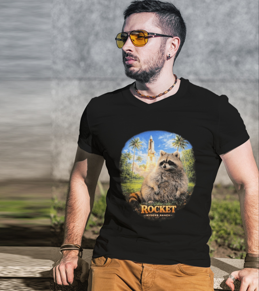 Rocket Raccoon Space Launch Tylernolantattoos Ryders Ranch T-Shirt