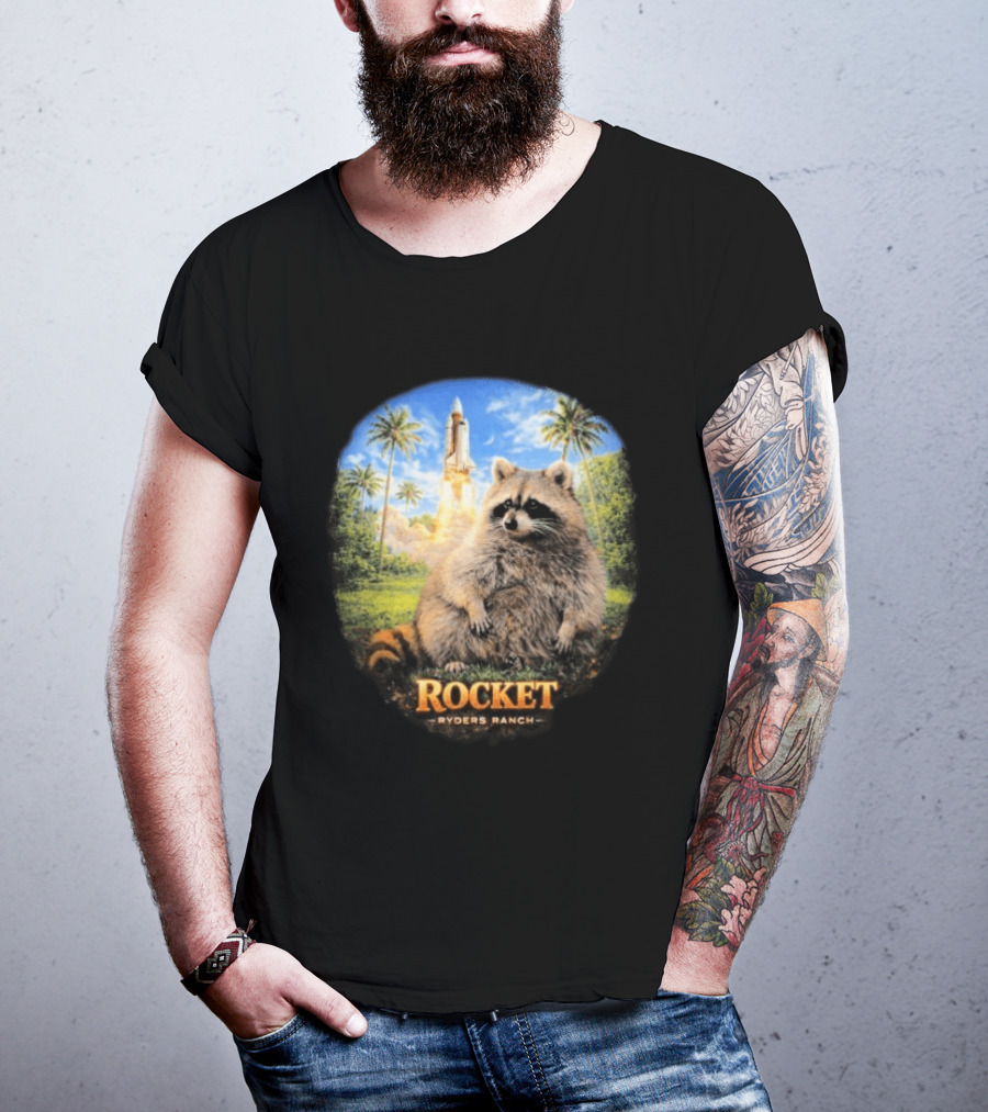 Rocket Raccoon Space Launch Tylernolantattoos Ryders Ranch T-Shirt