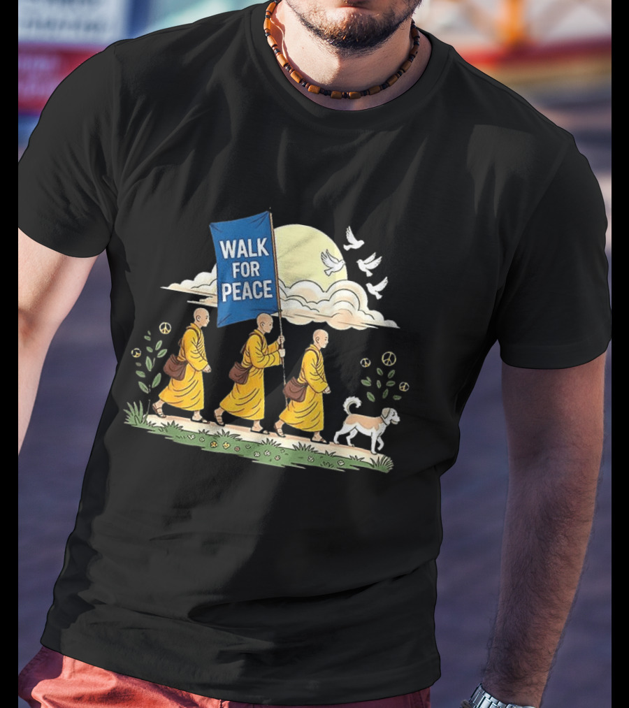Walk For Peace Buddhist Monks And Dog Journey With Doves And Peace T-Shirt