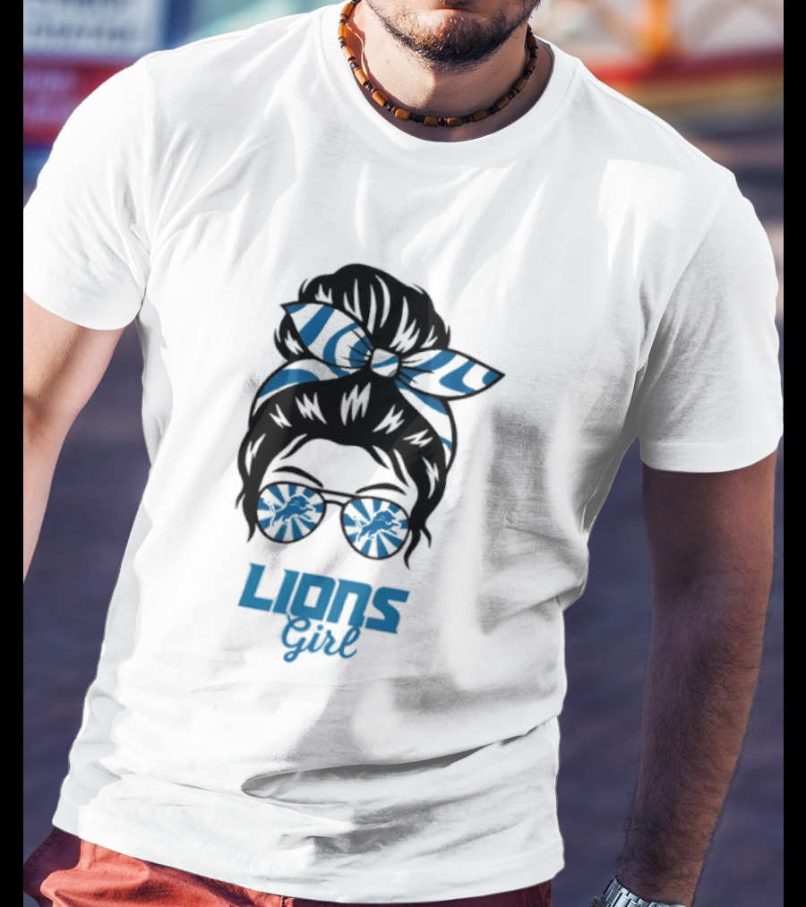 Detroit Lions Girl Glasses Messy Bun T-Shirt