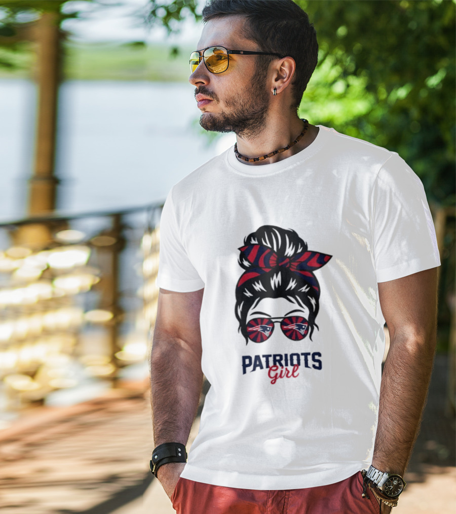 Patriots Girl Messy Bun Glasses Red Blue Bow Fan T-Shirt