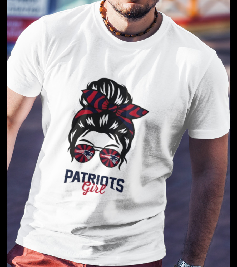 Patriots Girl Messy Bun Glasses Red Blue Bow Fan T-Shirt