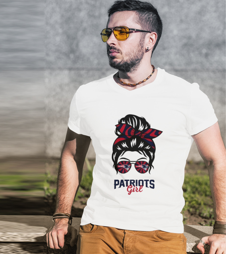 Patriots Girl Messy Bun Glasses Red Blue Bow Fan T-Shirt