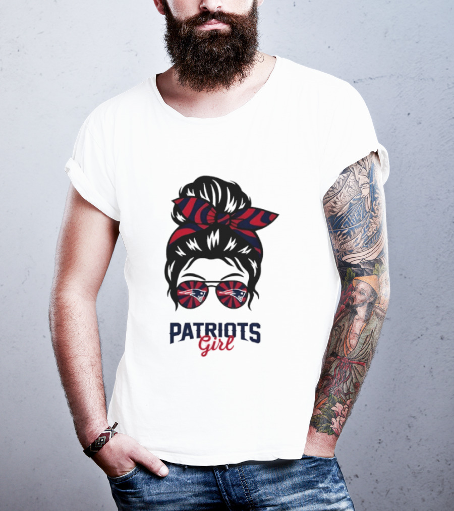 Patriots Girl Messy Bun Glasses Red Blue Bow Fan T-Shirt