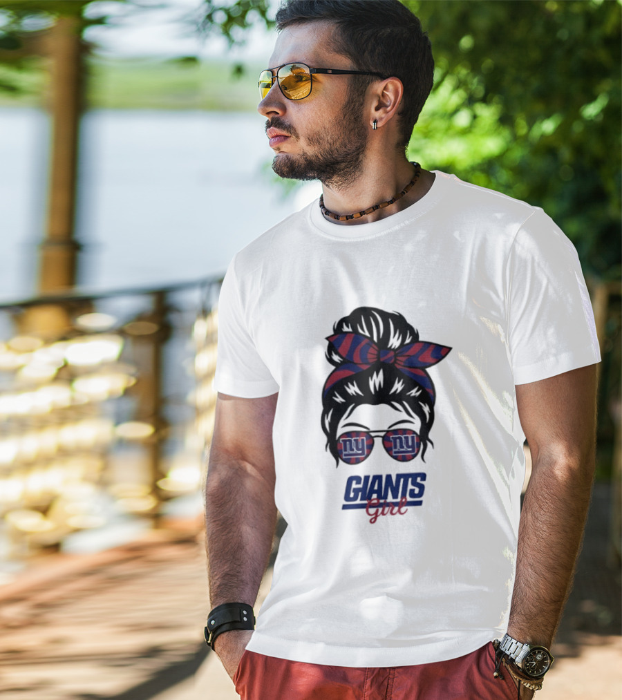 New York Giants Girl Messy Bun Glasses Bow T-Shirt