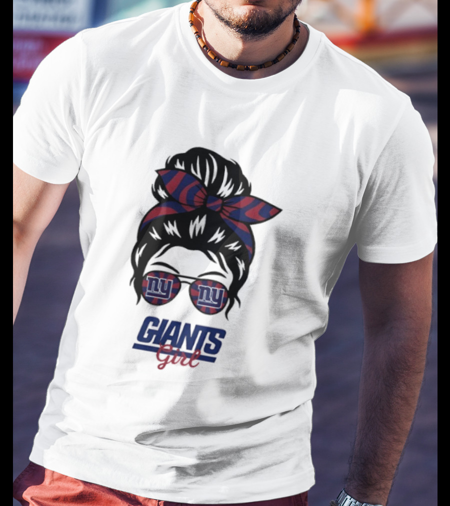 New York Giants Girl Messy Bun Glasses Bow T-Shirt